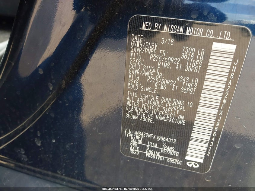 2018 Infiniti Qx80 VIN JN8AZ2NFXJ9664312 IAAI salvage auction — NORMAL WEAR, Original (Texas), sold $575 on 2026-07-29 (photo 9)