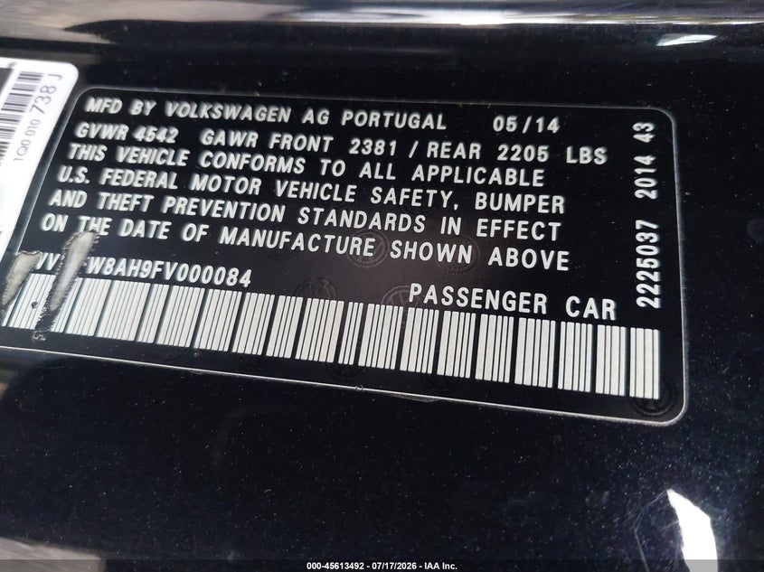 2015 Volkswagen Eos VIN WVWFW8AH9FV000084 IAAI salvage auction — FRONT END, Mv-907A (New York), sold $450 on 2026-08-11 (photo 9)