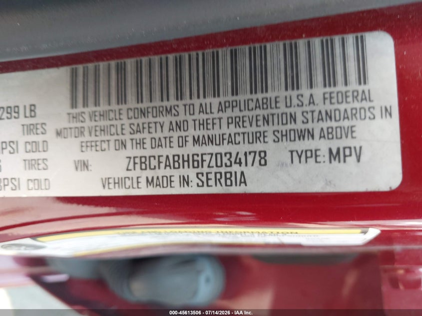 2015 Fiat 500l VIN ZFBCFABH6FZ034178 IAAI salvage auction — REAR END, Salvage Title, sold $650 on 2026-08-11 (photo 9)