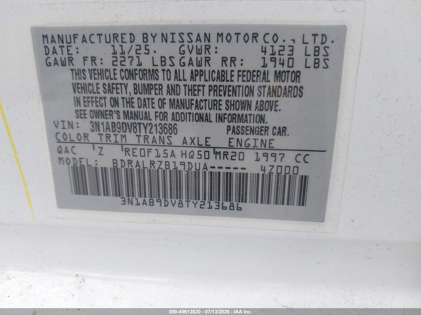 2026 Nissan Sentra VIN 3N1AB9DV8TY213686 IAAI salvage auction — RIGHT FRONT, Clear (Florida), sold $9,400 on 2026-07-29 (photo 9)