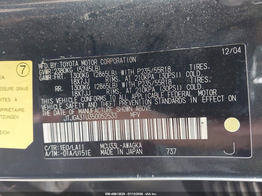 2005 Lexus Rx 330 VIN JTJGA31U350052533 IAAI salvage auction — NORMAL WEAR, Clear - Dealer Only (California), sold $650 on 2026-07-28 (photo 9)