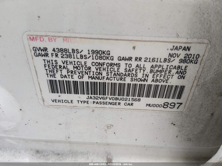 2011 Mitsubishi Lancer VIN JA32V6FV0BU021568 IAAI salvage auction — SIDE, Clear (Virginia), sold $2,600 on 2026-07-24 (photo 9)
