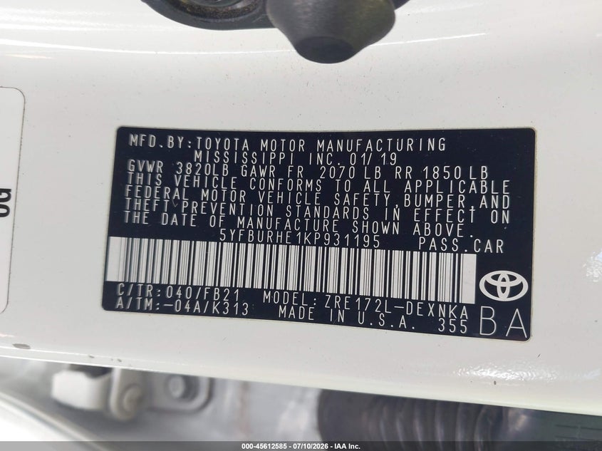 2019 Toyota Corolla VIN 5YFBURHE1KP931195 IAAI salvage auction — RIGHT FRONT, Salvage Title, sold $2,900 on 2026-07-25 (photo 9)