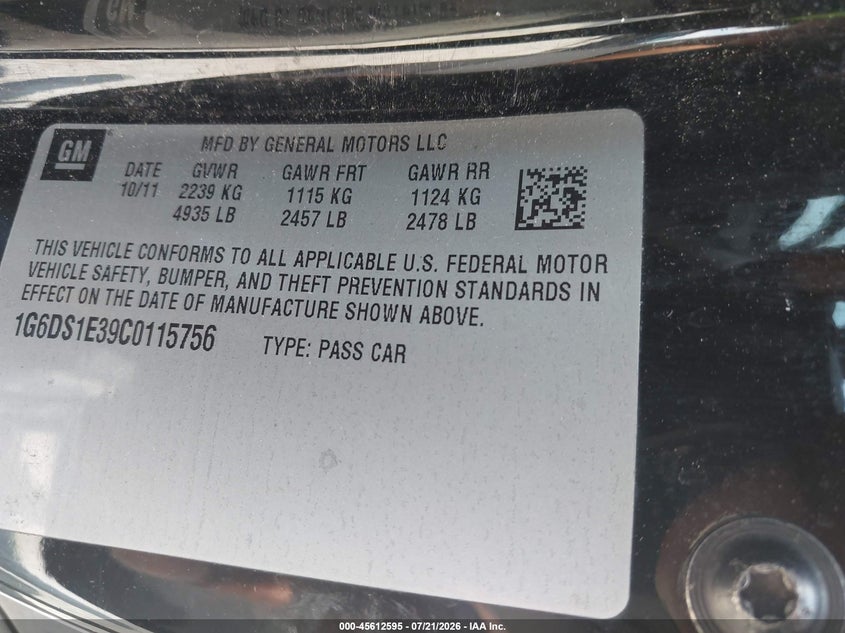 2012 Cadillac Cts VIN 1G6DS1E39C0115756 IAAI salvage auction — FRONT & REAR, Wait Title, sold $700 on 2026-10-13 (photo 9)