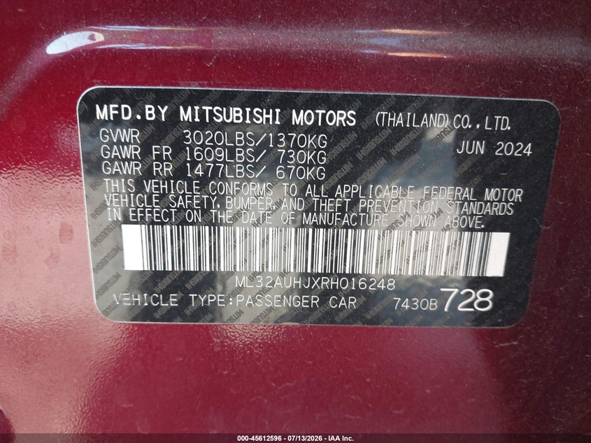 2024 Mitsubishi Mirage VIN ML32AUHJXRH016248 IAAI salvage auction — REAR END, Enterprise Vehicles Clear Only (California), sold $4,550 on 2026-07-22 (photo 9)