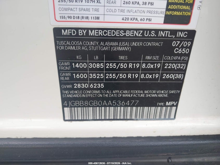 2010 Mercedes-benz Ml-class VIN 4JGBB8GB0AA536477 IAAI salvage auction — NORMAL WEAR, Clear (Tennessee), sold $1,250 on 2026-07-18 (photo 9)