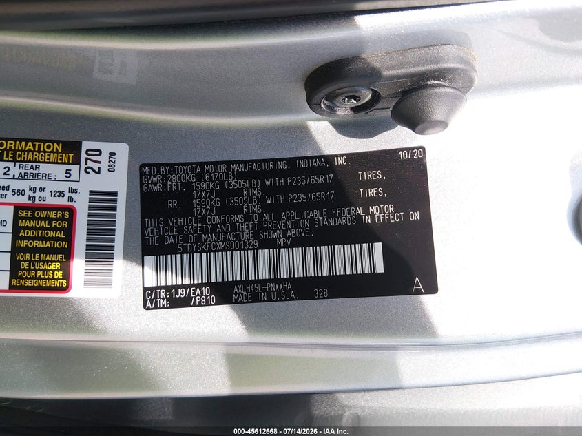 2021 Toyota Sienna VIN 5TDYSKFCXMS001329 IAAI salvage auction — FRONT END, Wait Title, sold $12,950 on 2026-08-21 (photo 9)