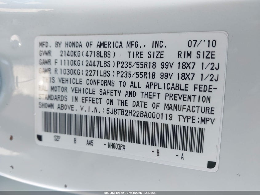 2011 Acura Rdx VIN 5J8TB2H22BA000119 IAAI salvage auction — FRONT END, Salvage Certificate (California), sold $1,500 on 2026-08-03 (photo 9)