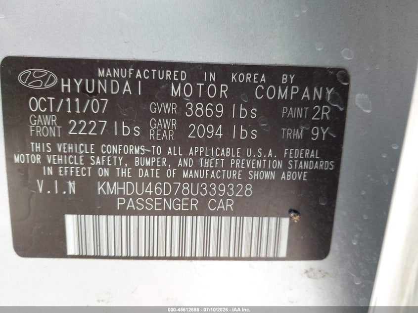 2008 Hyundai Elantra VIN KMHDU46D78U339328 IAAI salvage auction — NORMAL WEAR, Clear - Dealer Only (California), sold $925 on 2026-07-22 (photo 9)