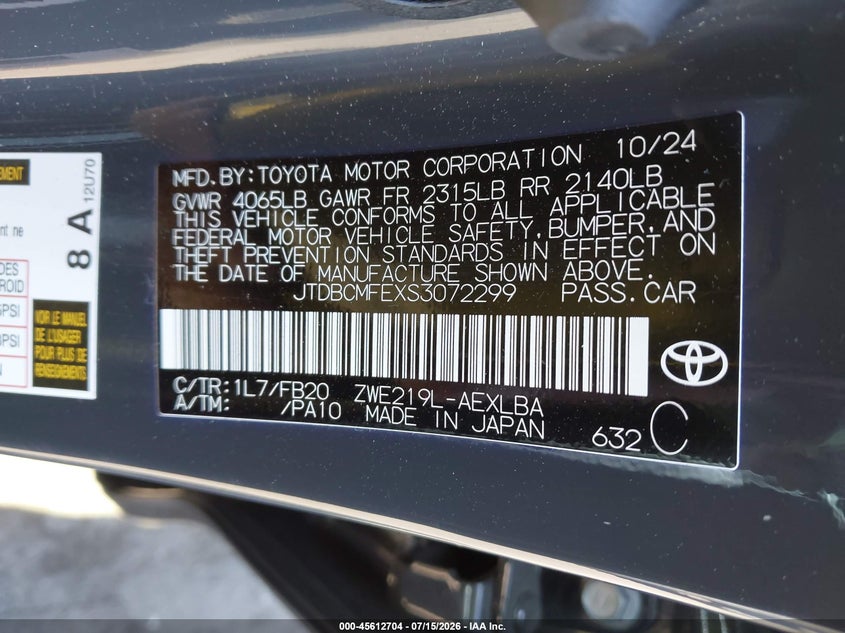 2025 Toyota Corolla VIN JTDBCMFEXS3072299 IAAI salvage auction — FRONT END, Salvage Title, sold $6,800 on 2026-08-16 (photo 9)