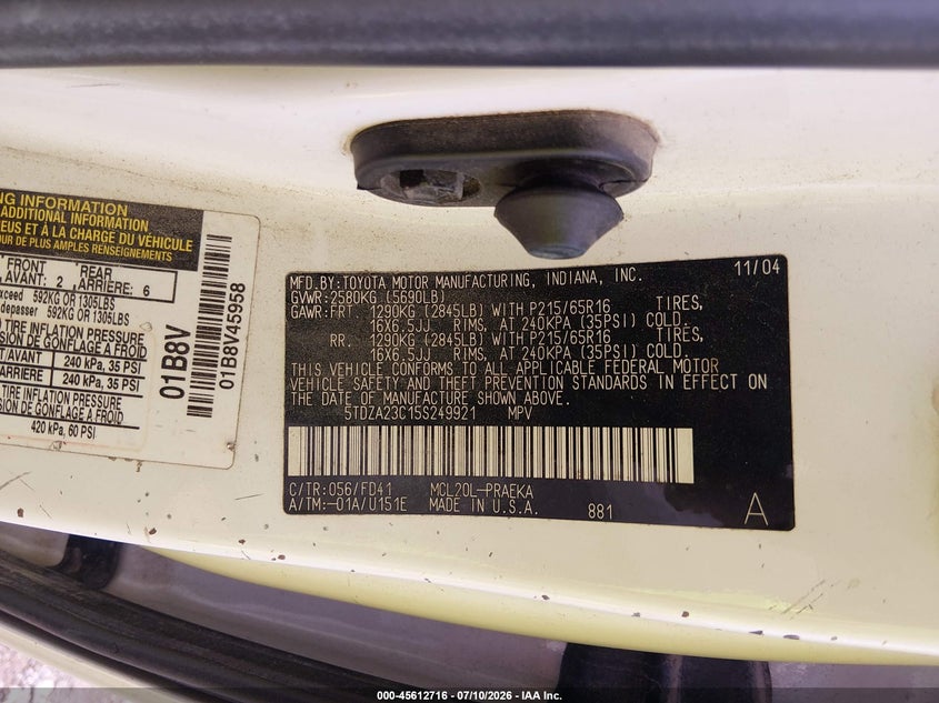 2005 Toyota Sienna VIN 5TDZA23C15S249921 IAAI salvage auction — NORMAL WEAR, Original (Ohio), sold $25 on 2026-07-16 (photo 9)