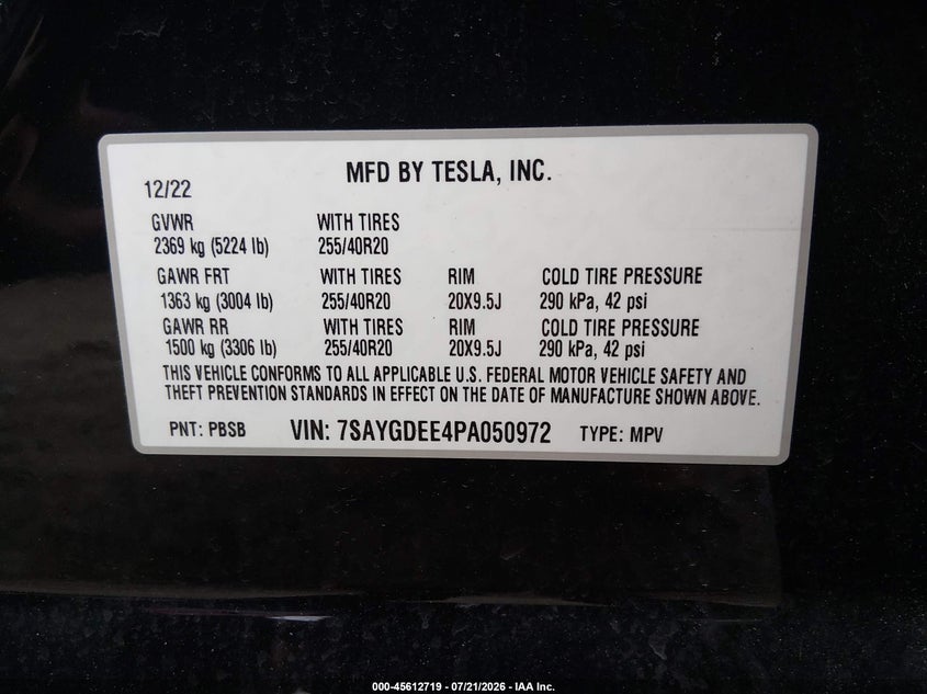 2023 Tesla Model y VIN 7SAYGDEE4PA050972 IAAI salvage auction — RIGHT FRONT, Wait Title, sold $11,700 on 2026-09-01 (photo 9)