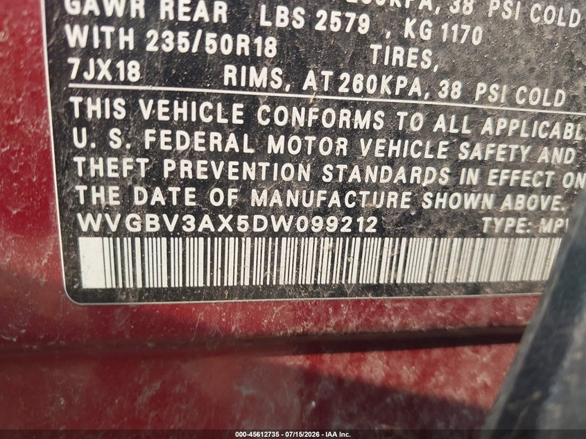 2013 Volkswagen Tiguan VIN WVGBV3AX5DW099212 IAAI salvage auction — NORMAL WEAR, Original (Vermont), sold $225 on 2026-07-30 (photo 9)
