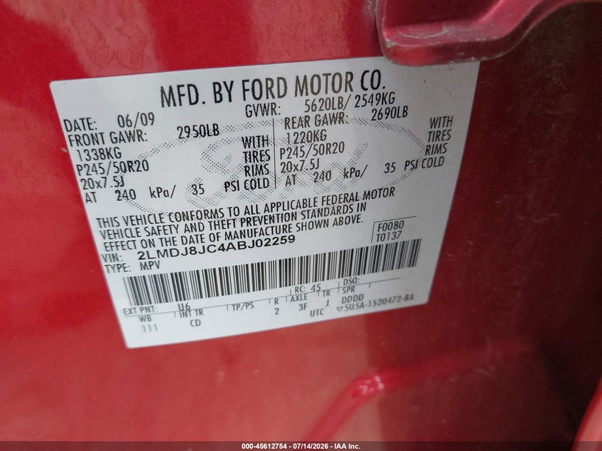 2010 Lincoln Mkx VIN 2LMDJ8JC4ABJ02259 IAAI salvage auction — NORMAL WEAR, Clear (Illinois), sold $375 on 2026-07-30 (photo 9)