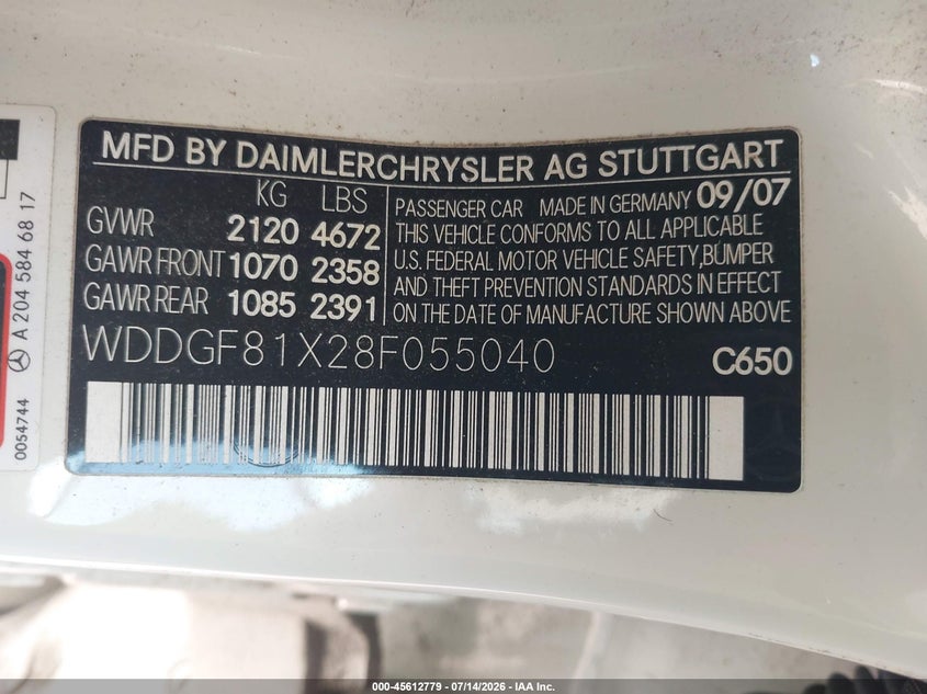 2008 Mercedes-benz C class VIN WDDGF81X28F055040 IAAI salvage auction — FRONT END, Salvage (Idaho), sold $550 on 2026-08-05 (photo 9)