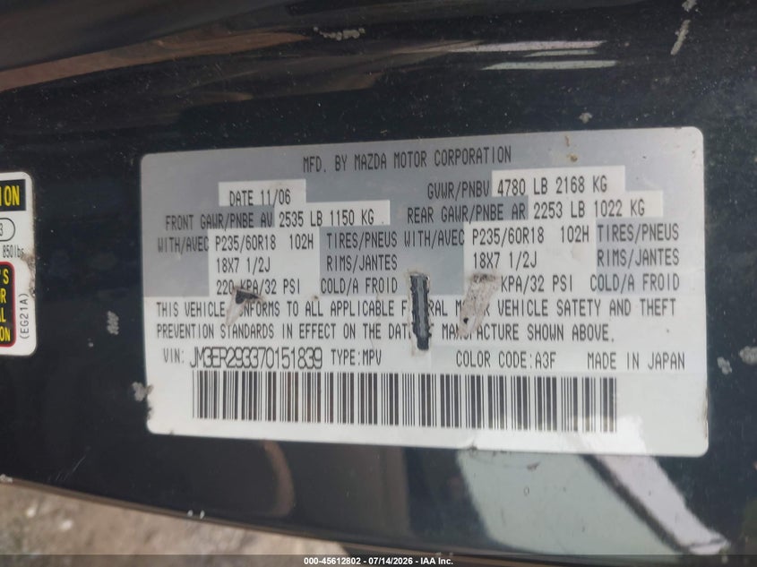 2007 Mazda Cx-7 VIN JM3ER293370151839 IAAI salvage auction — NORMAL WEAR, Clear (New Jersey), sold $400 on 2026-07-29 (photo 9)