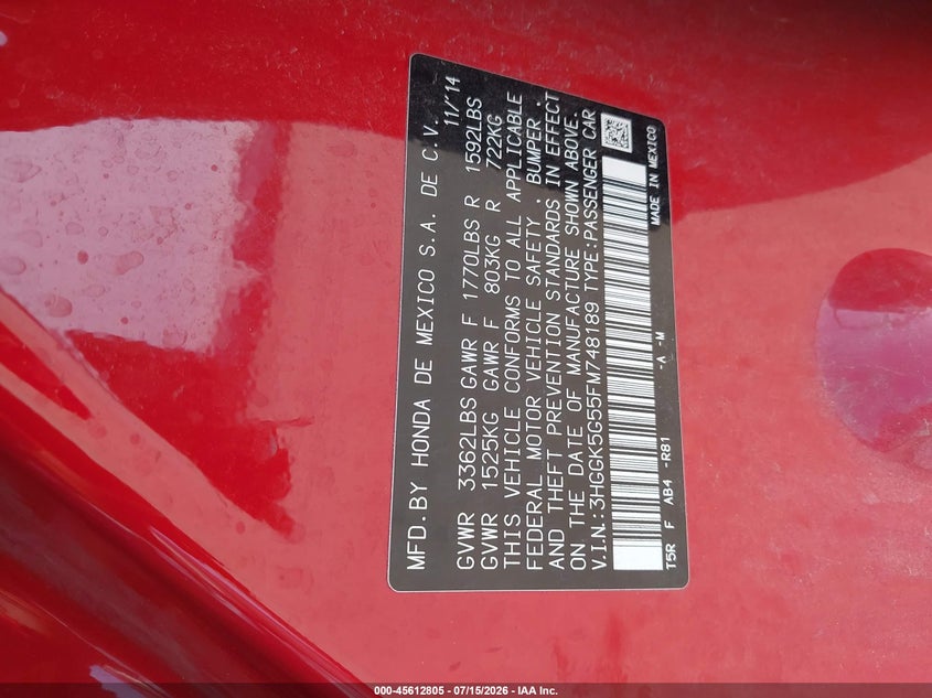 2015 Honda Fit VIN 3HGGK5G55FM748189 IAAI salvage auction — RIGHT FRONT, Regular Certificate (Iowa), sold $7,500 on 2026-08-18 (photo 9)