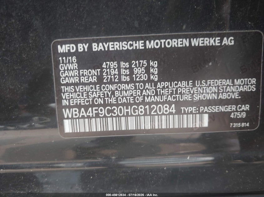 2017 BMW 4er VIN WBA4F9C30HG812084 IAAI salvage auction — FRESH WATER, Salvage (Connecticut), sold $3,250 on 2026-08-13 (photo 9)