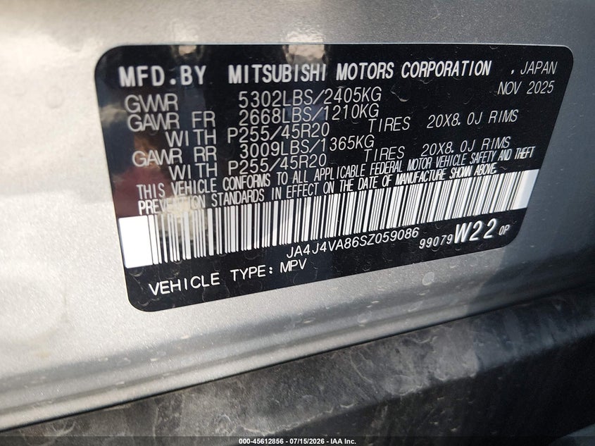 2025 Mitsubishi Outlander VIN JA4J4VA86SZ059086 IAAI salvage auction — LEFT FRONT, Clear (Colorado), sold $7,300 on 2026-07-28 (photo 9)