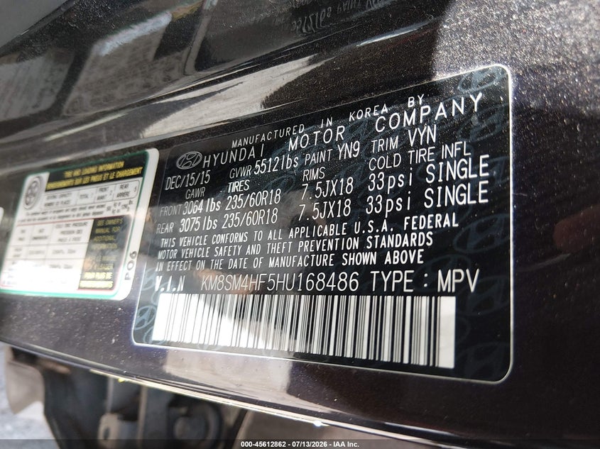 2017 Hyundai Santa fe VIN KM8SM4HF5HU168486 IAAI salvage auction — NORMAL WEAR, Clear - Public Restricted (Oklahoma), sold $1,750 on 2026-07-22 (photo 9)