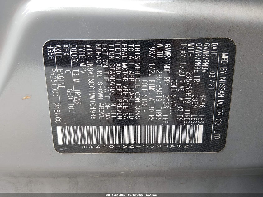 2021 Nissan Rogue VIN JN8AT3DC1MW104988 IAAI salvage auction — FRONT END, Salvage (Alabama), sold $9,900 on 2026-07-30 (photo 9)