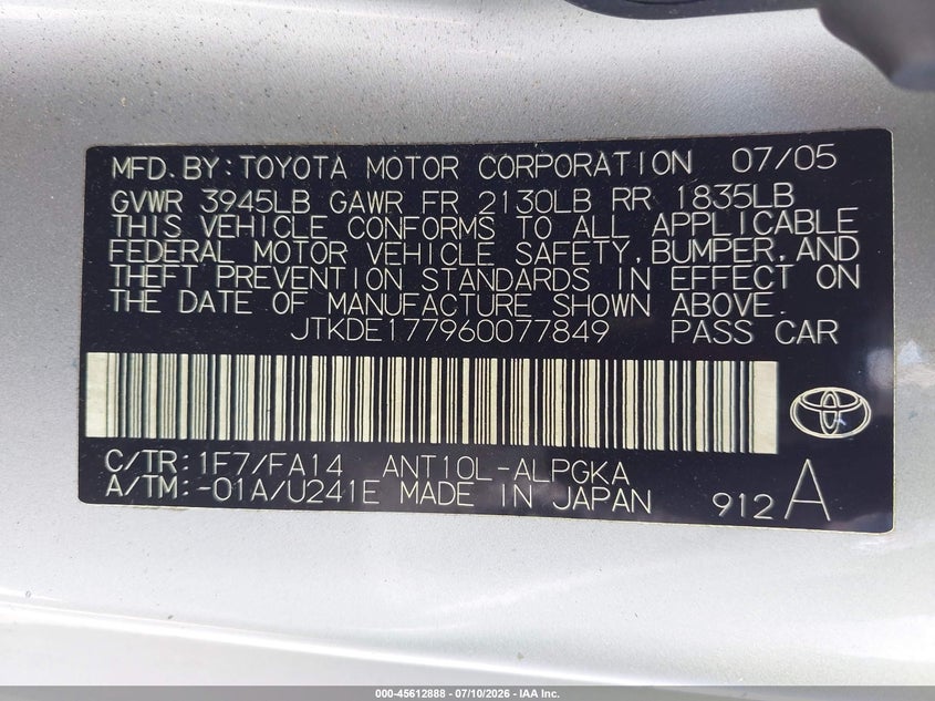 2006 Scion Tc VIN JTKDE177960077849 IAAI salvage auction — SIDE, Salvage (California), sold $1,050 on 2026-07-25 (photo 9)