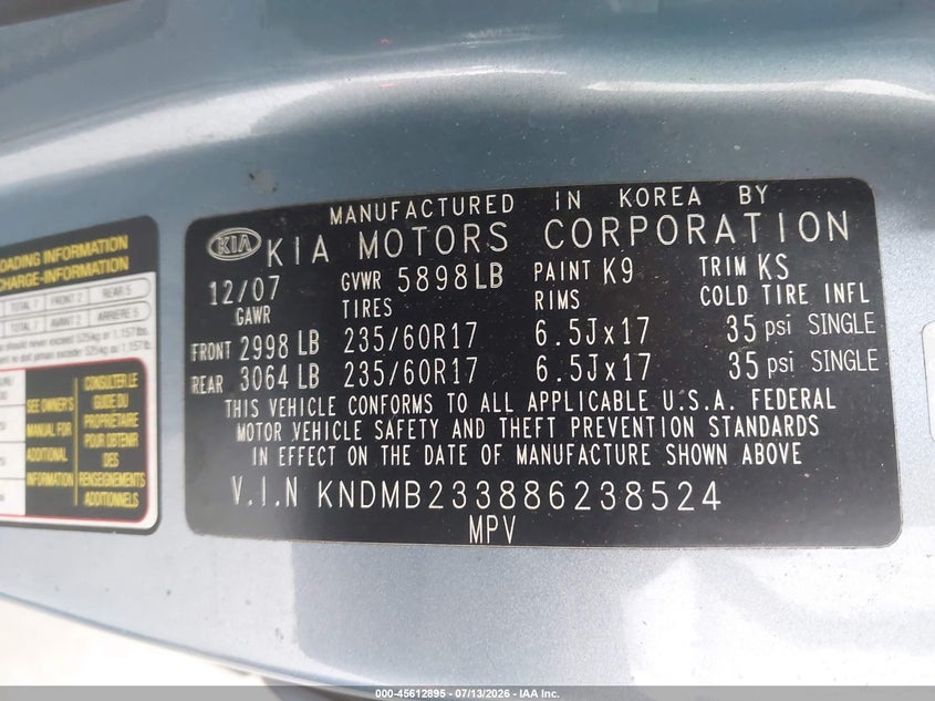 2008 Kia SEDONA VIN KNDMB233886238524 IAAI salvage auction — NORMAL WEAR, Clear (Florida), sold $1,550 on 2026-07-15 (photo 9)