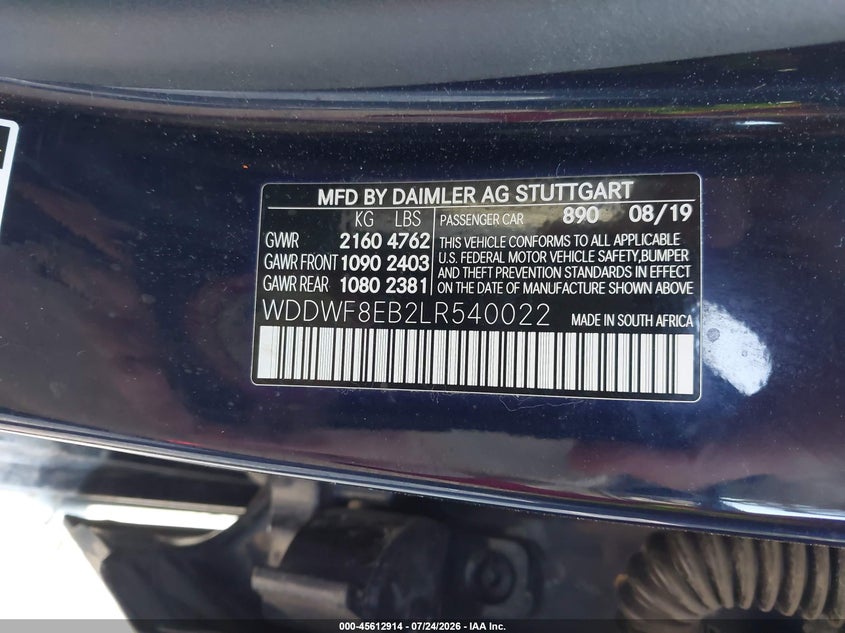 2020 Mercedes-benz C-klasse VIN WDDWF8EB2LR540022 IAAI salvage auction — UNKNOWN, Salvage Title, sold $11,025 on 2026-08-13 (photo 9)