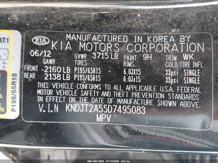 2013 Kia Soul VIN KNDJT2A55D7495083 IAAI salvage auction — NORMAL WEAR, Clear (Washington), sold $375 on 2026-07-29 (photo 9)