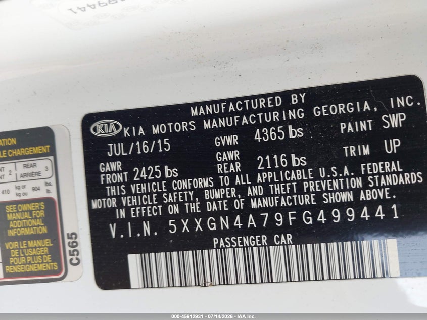 2015 Kia Optima VIN 5XXGN4A79FG499441 IAAI salvage auction — FRONT END, Salvage Title, sold $500 on 2026-07-31 (photo 9)