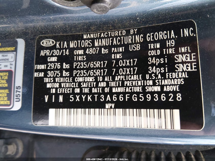 2015 Kia Sorento VIN 5XYKT3A66FG593628 IAAI salvage auction — NORMAL WEAR, Clear (Virginia), sold $1,000 on 2026-07-30 (photo 9)