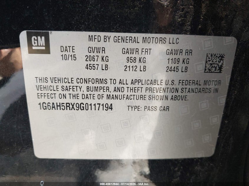 2016 Cadillac Ats VIN 1G6AH5RX9G0117194 IAAI salvage auction — FRONT END, Salvage (Ohio), sold $2,200 on 2026-08-01 (photo 9)