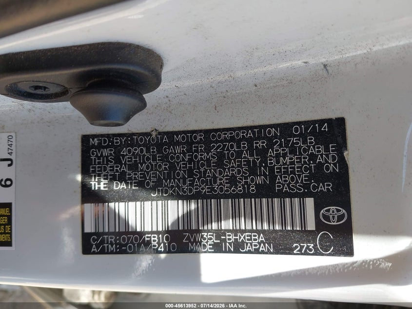 2014 Toyota Prius VIN JTDKN3DP9E3056818 IAAI salvage auction — NORMAL WEAR, Salvage (California), sold $625 on 2026-07-28 (photo 9)