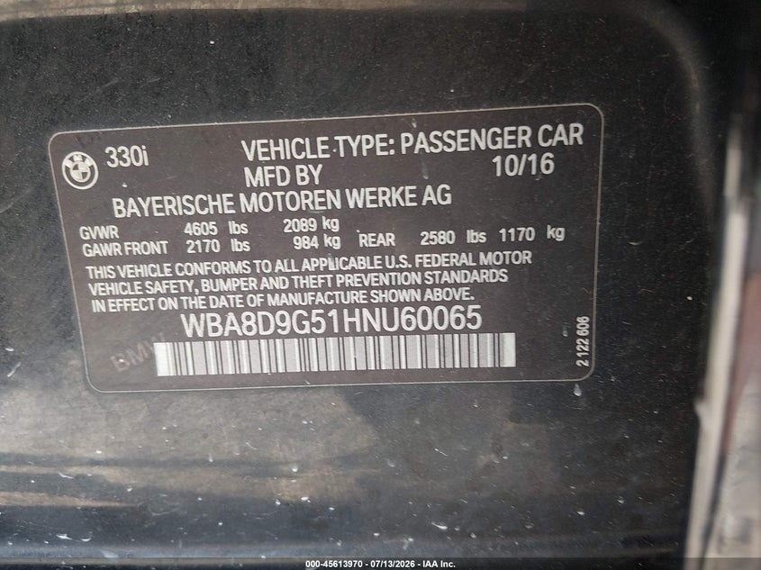 2017 BMW 3er VIN WBA8D9G51HNU60065 IAAI salvage auction — FRONT END, Salvage Title, sold $3,700 on 2026-08-16 (photo 9)