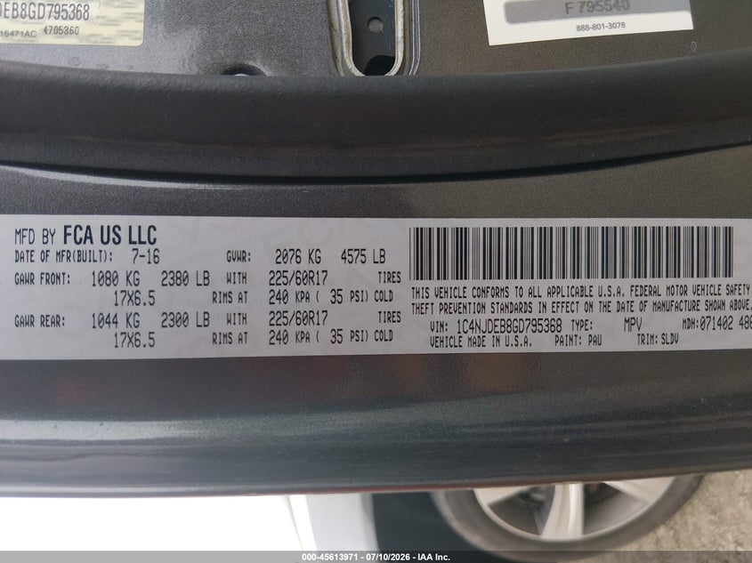 2016 Jeep Compass VIN 1C4NJDEB8GD795368 IAAI salvage auction — NORMAL WEAR, Clear (Pennsylvania), sold $425 on 2026-07-18 (photo 9)