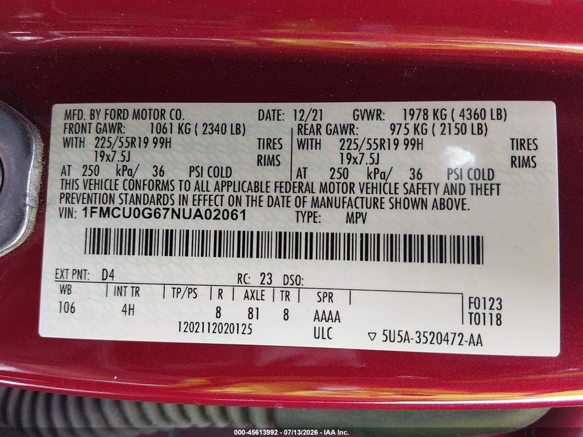 2022 Ford Escape VIN 1FMCU0G67NUA02061 IAAI salvage auction — FRONT END, Salvage (Louisiana), sold $2,100 on 2026-09-14 (photo 9)