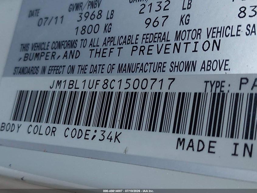 2012 Mazda 3 VIN JM1BL1UF8C1500717 IAAI salvage auction — NORMAL WEAR, Salvage Title, sold $725 on 2026-07-24 (photo 9)