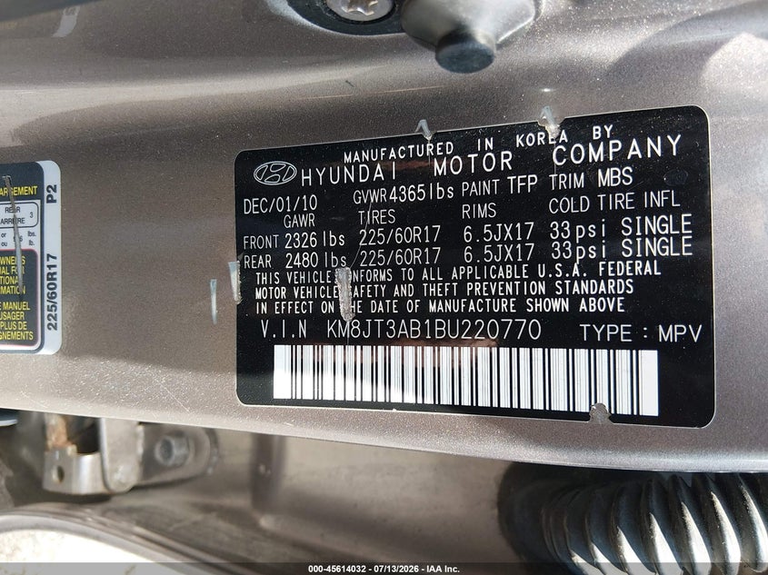 2011 Hyundai Tucson VIN KM8JT3AB1BU220770 IAAI salvage auction — NORMAL WEAR, Clear (Massachusetts), sold $650 on 2026-07-24 (photo 9)