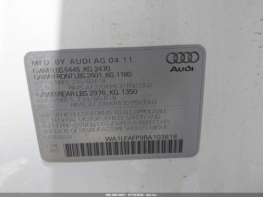 2011 Audi Q5 VIN WA1LFAFP9BA103818 IAAI salvage auction — NORMAL WEAR, Clear - Dealer Only (California), sold $675 on 2026-07-29 (photo 9)