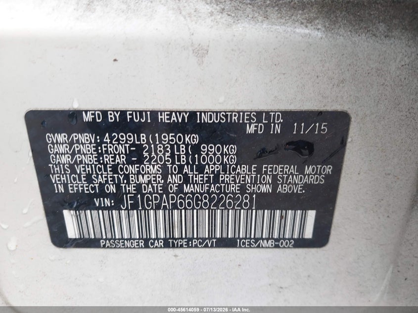 2016 Subaru Impreza VIN JF1GPAP66G8226281 IAAI salvage auction — NORMAL WEAR, Clear (Georgia), sold $1,250 on 2026-07-29 (photo 9)
