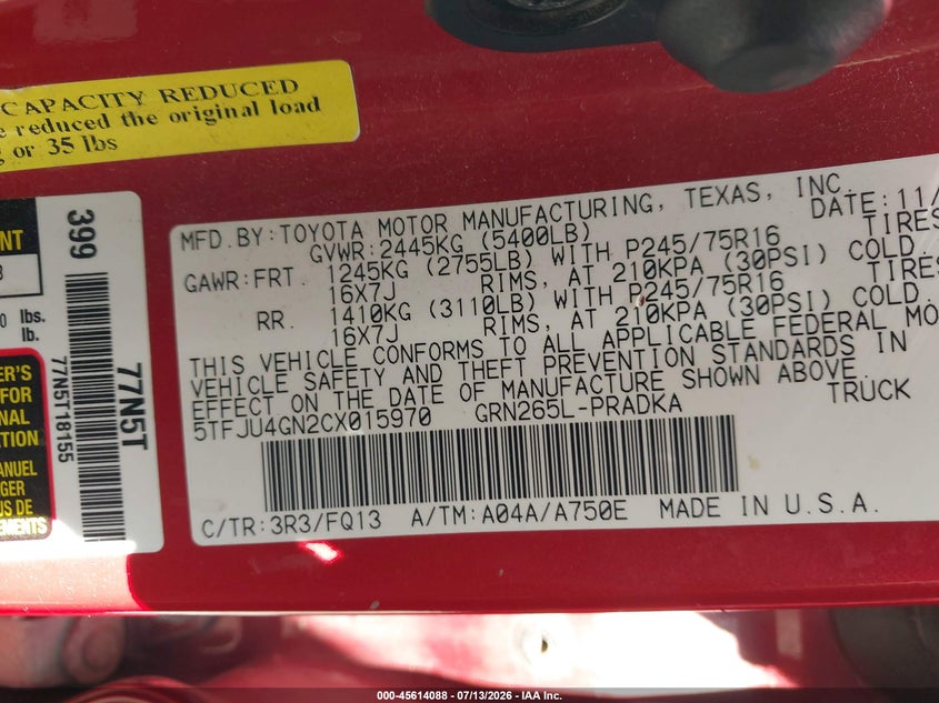 2012 Toyota Tacoma VIN 5TFJU4GN2CX015970 IAAI salvage auction — NORMAL WEAR, Original (Texas), sold $4,975 on 2026-07-29 (photo 9)
