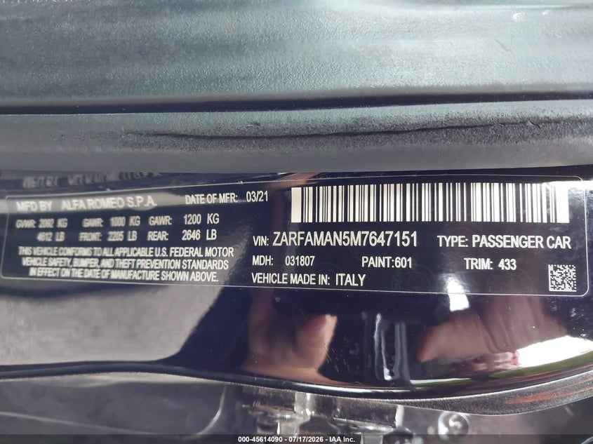 2021 Alfa romeo Giulia VIN ZARFAMAN5M7647151 IAAI salvage auction — UNDERCARRIAGE, Wait Title, sold $9,800 on 2026-08-21 (photo 9)