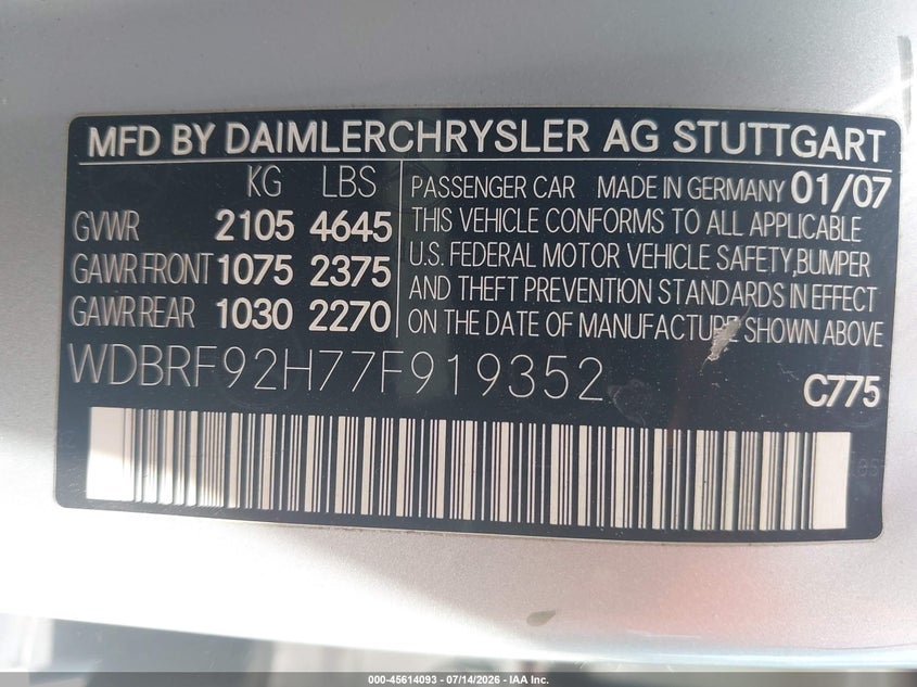 2007 Mercedes-benz C class VIN WDBRF92H77F919352 IAAI salvage auction — REAR END, Mv-907A (New York), sold $425 on 2026-08-06 (photo 9)