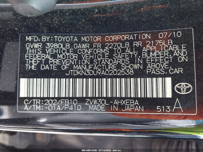2010 Toyota Prius VIN JTDKN3DU9A0202538 IAAI salvage auction — REAR END, Salvage (Pennsylvania), sold $1,100 on 2026-07-31 (photo 9)