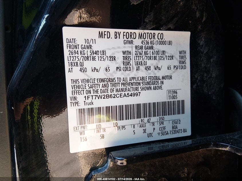 2012 Ford F250 VIN 1FT7W2B62CEA54997 IAAI salvage auction — FRONT END, Salvage (Ohio), sold $3,150 on 2026-07-19 (photo 9)