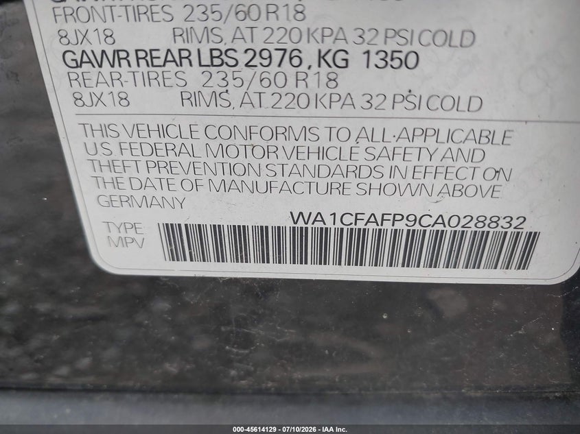 2012 Audi Q5 VIN WA1CFAFP9CA028832 IAAI salvage auction — NORMAL WEAR, Clear (New York), sold $1,050 on 2026-07-28 (photo 9)