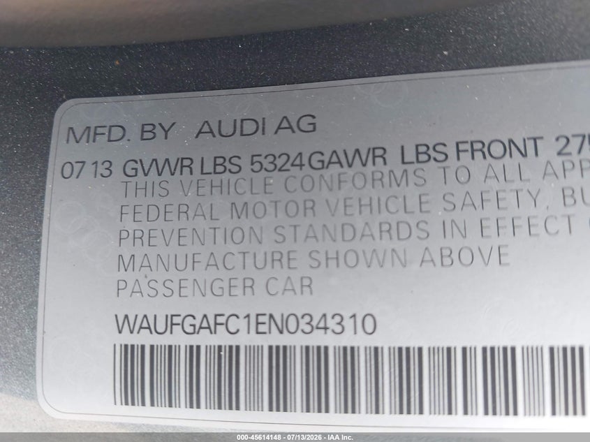 2014 Audi A6 VIN WAUFGAFC1EN034310 IAAI salvage auction — FRONT END, Clear (Michigan), sold $725 on 2026-07-30 (photo 9)