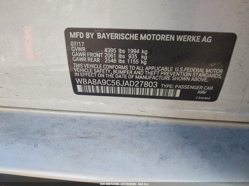 2018 BMW 3er VIN WBA8A9C56JAD27803 IAAI salvage auction — FRONT END, Salvage (California), sold $2,150 on 2026-08-13 (photo 9)