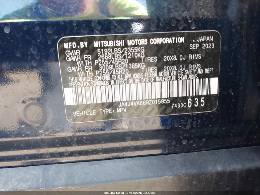 2024 Mitsubishi Outlander VIN JA4J4VA86RZ015955 IAAI salvage auction — FRONT & REAR, Salvage (Ohio), sold $10,750 on 2026-08-28 (photo 9)