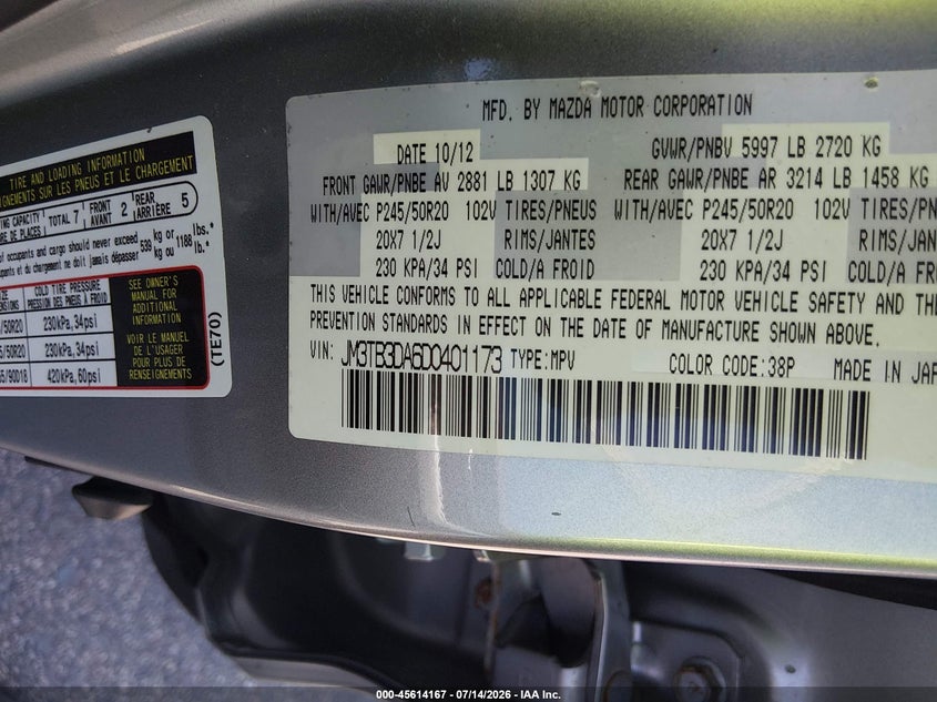 2013 Mazda Cx-9 VIN JM3TB3DA6D0401173 IAAI salvage auction — NORMAL WEAR, Clear (Minnesota), sold $1,825 on 2026-07-20 (photo 9)